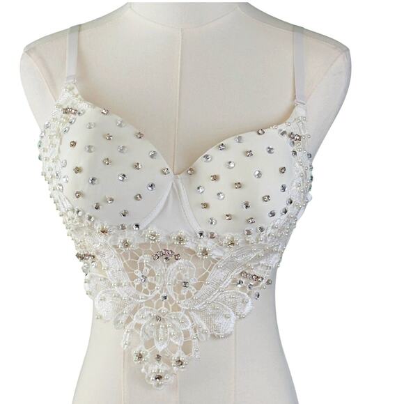 Love J White Rhinestone and Lace Beaded Bustier Crop Top Bralette Boudoir Sexy - Picture 2 of 6